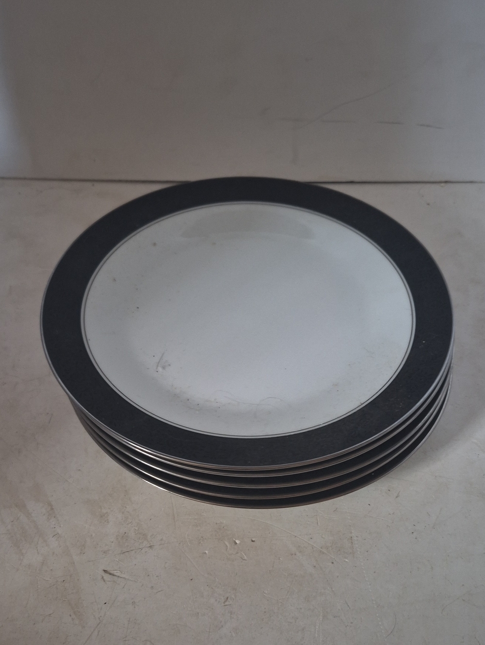 Noritake MiranoWhite Dinner Plates with Black Band and Silver Trim